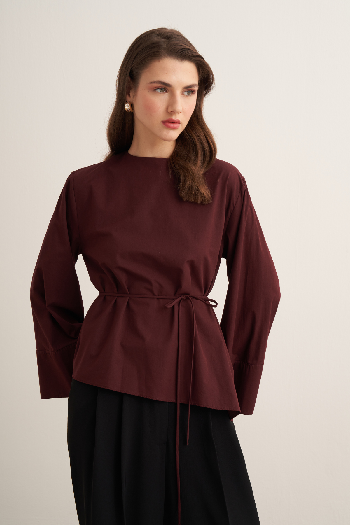 Anelis Asymmetrical Belted Poplin Blouse