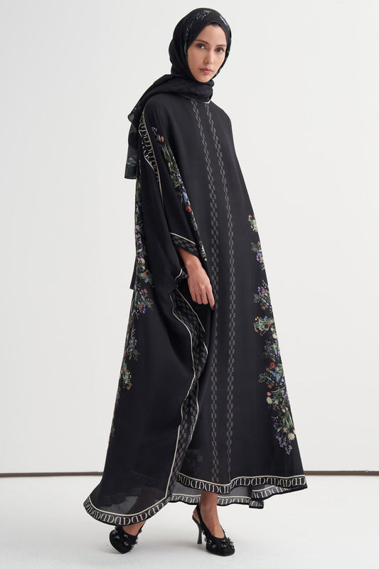 Buket Monogram Floş Kaftan Siyah