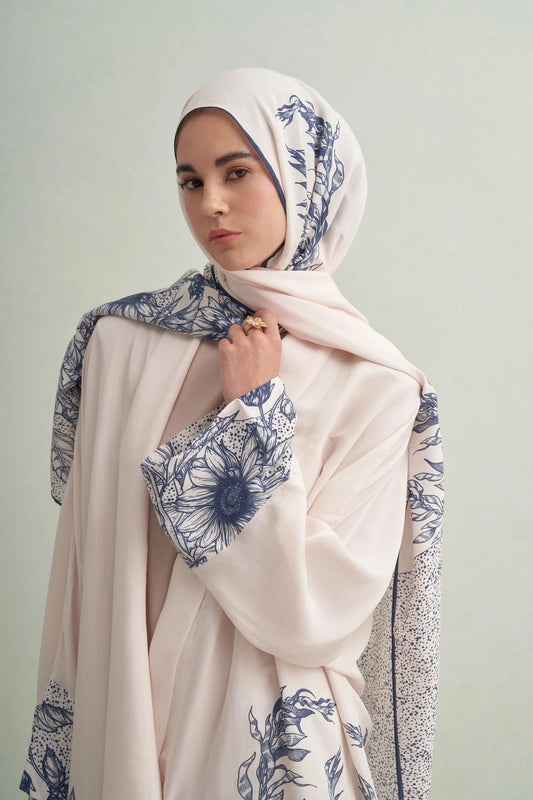 Navy Floş Abaya Krem