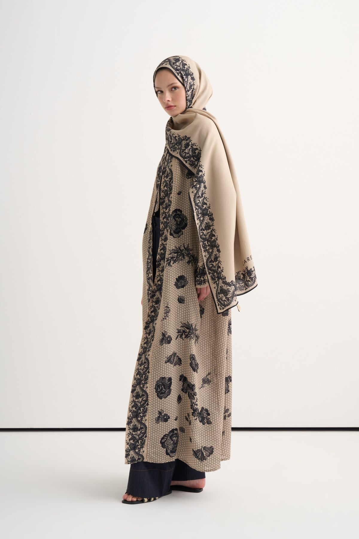 Floral Floş Scarf Vizon