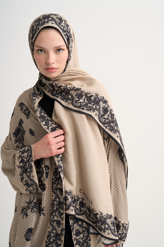 Floral Floş Scarf Vizon