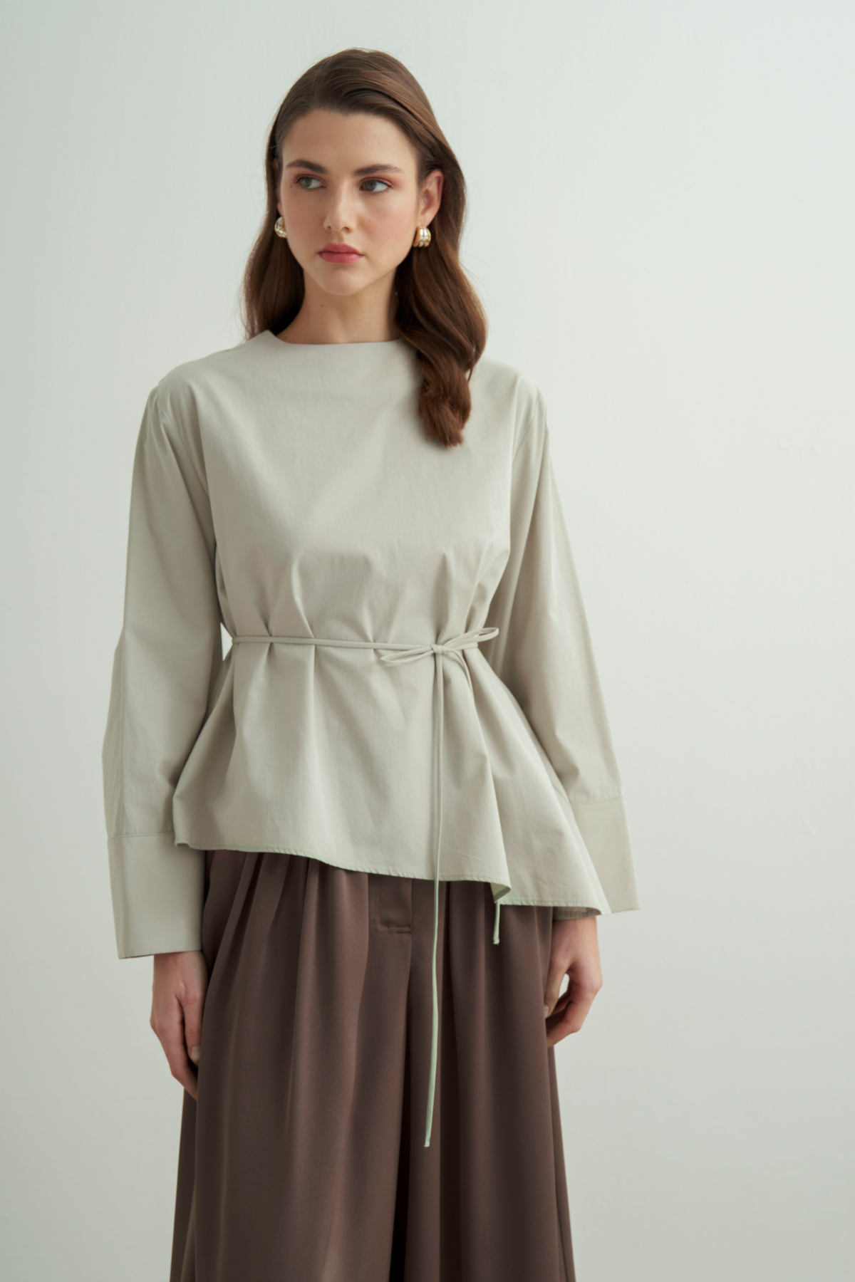 Anelis Asymmetrical Belted Poplin Blouse