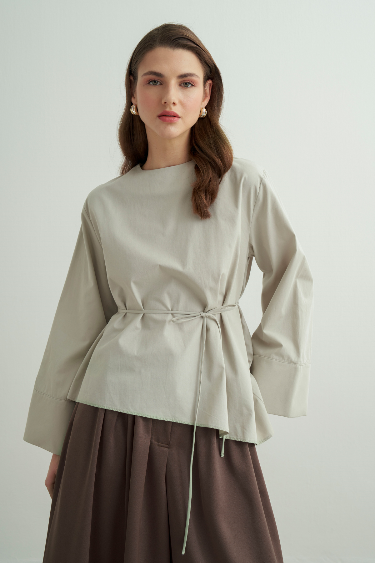 Anelis Asymmetrical Belted Poplin Blouse