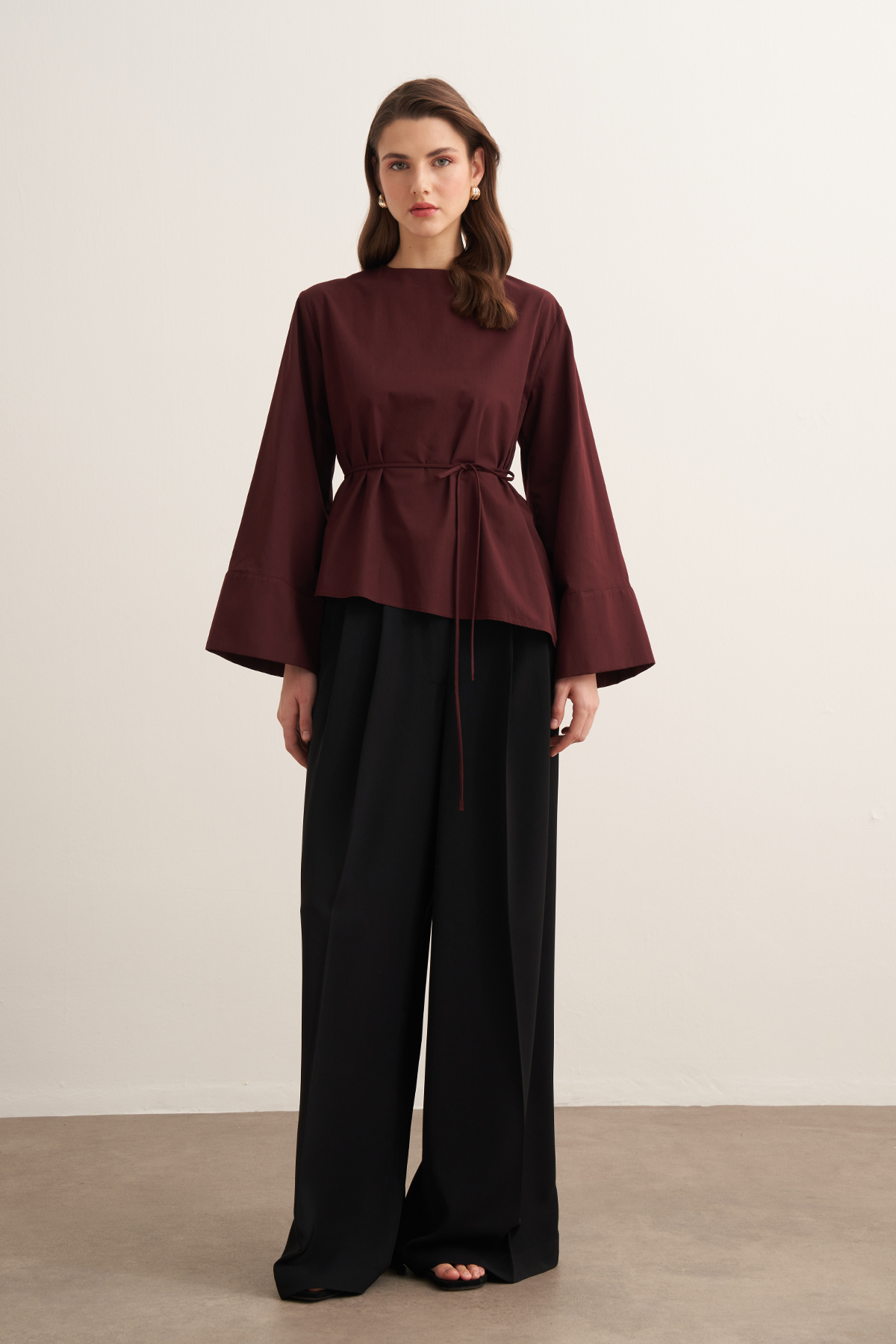 Anelis Asymmetrical Belted Poplin Blouse
