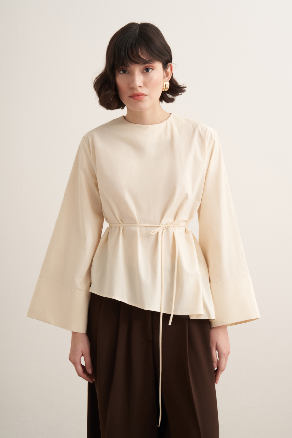Anelis Asymmetrical Belted Poplin Blouse