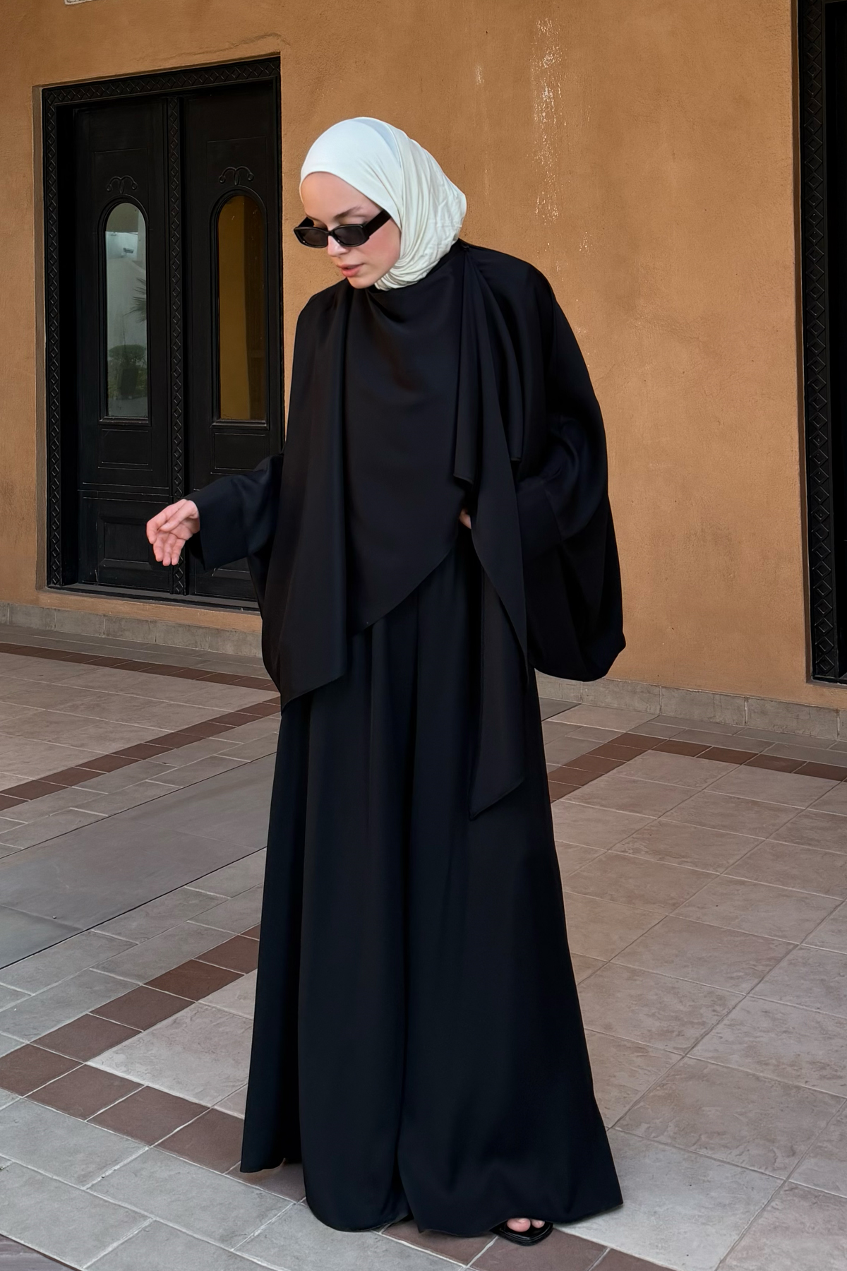 Jasrah Shawl Detail Two-Piece Set, Black